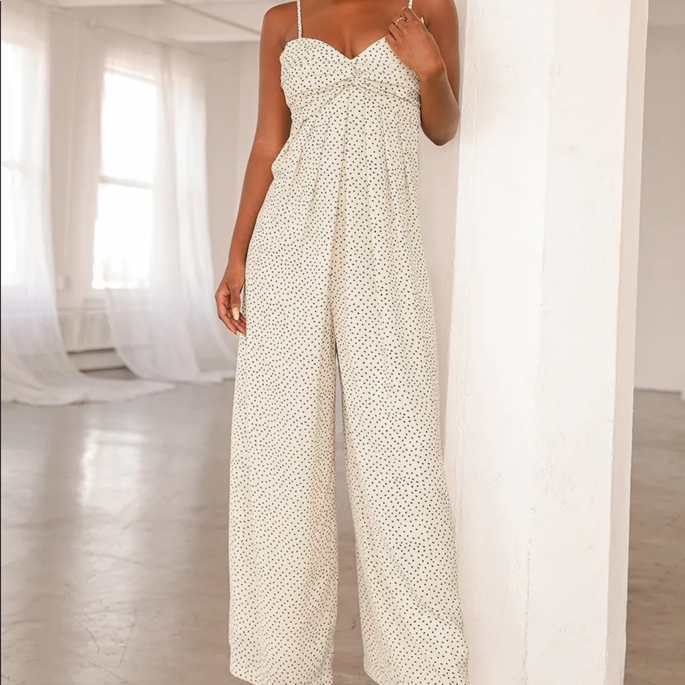 NWT Lulus Cream Polka Dot Pleated Jumpsuit
